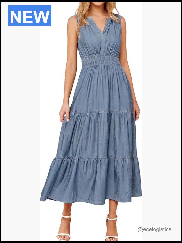 Sleeveless Denim Maxi Dress Empire Waist A-Line Soft Chambray Flowy With Pockets